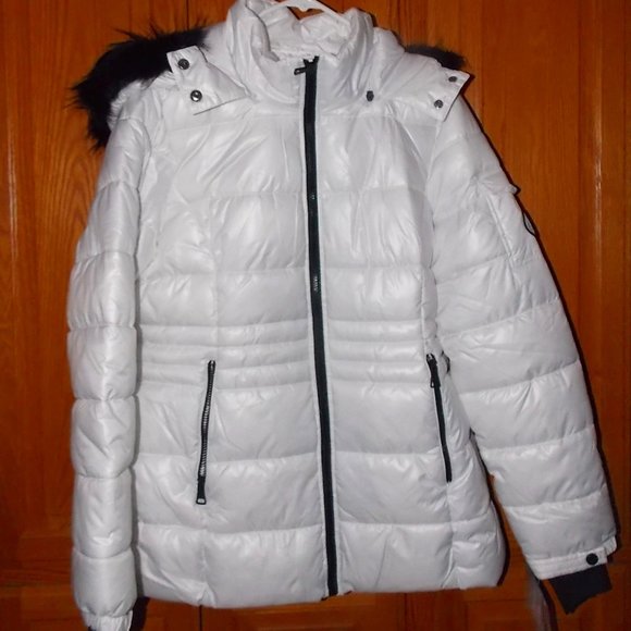 NWT Madden Girl WHITE w BlacK Fur Trim Hooded Quilted Winter Puffer Coat Parka L - Picture 6 of 12